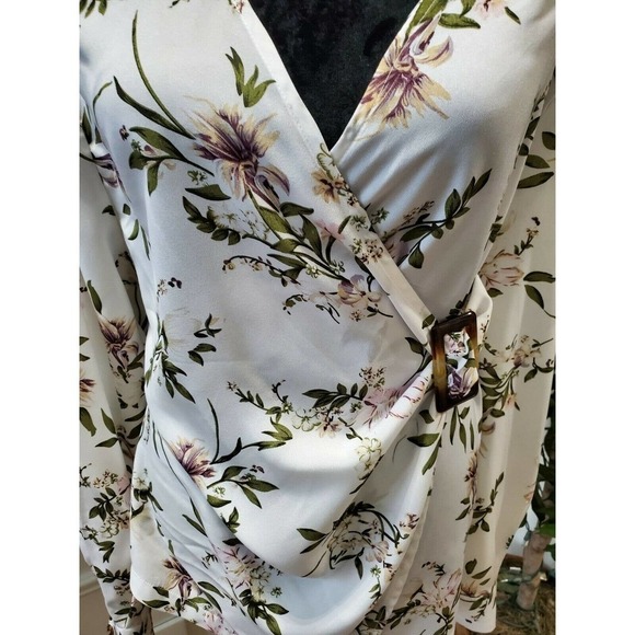 PRETTYLITTLETHING Women White Floral Polyester V-Neck Long Sleeve Blouse Size L - Picture 4 of 12